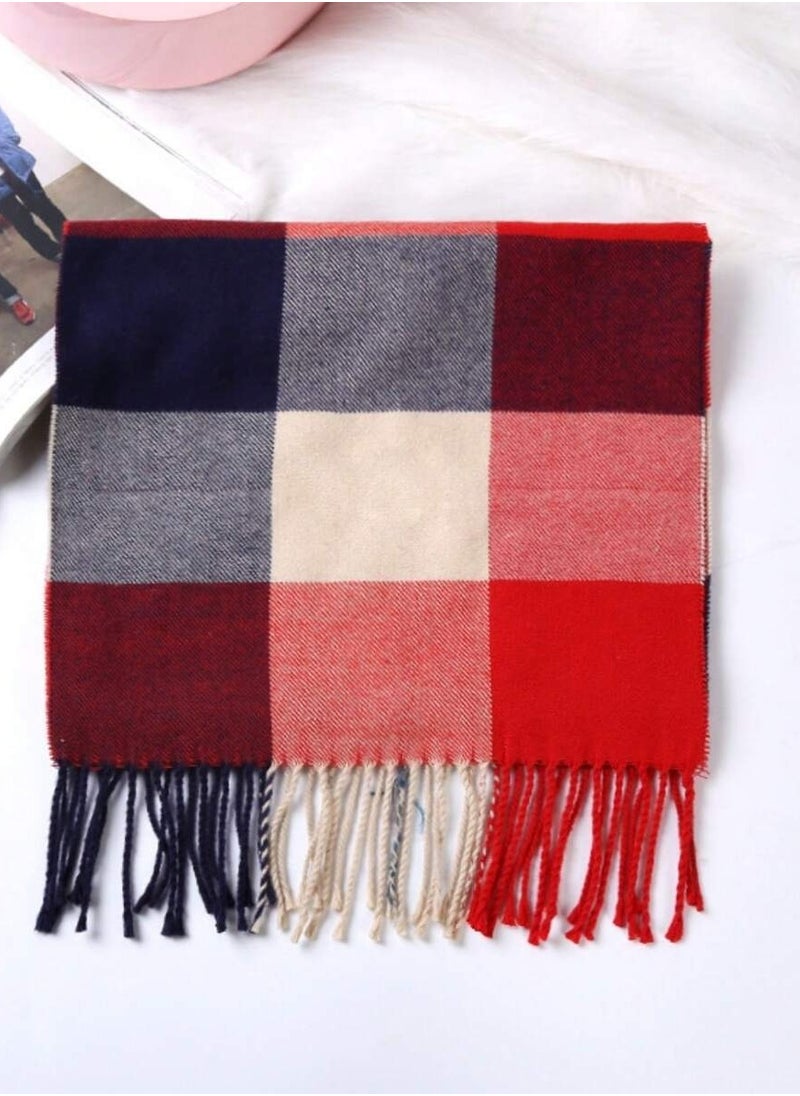 Generic Red, navy and beige faux cashmere scarf in check design - perfect for spring and fall  - Image 3