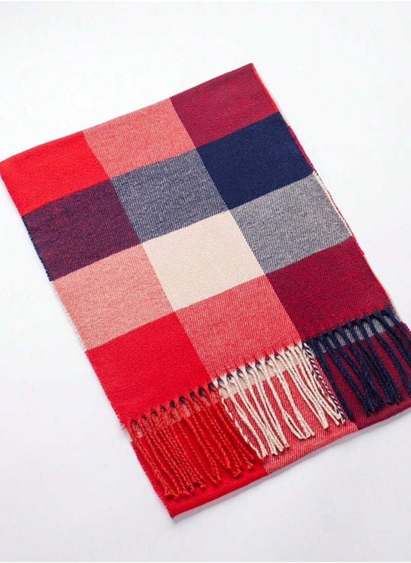 Generic Red, navy and beige faux cashmere scarf in check design - perfect for spring and fall  - Image 2