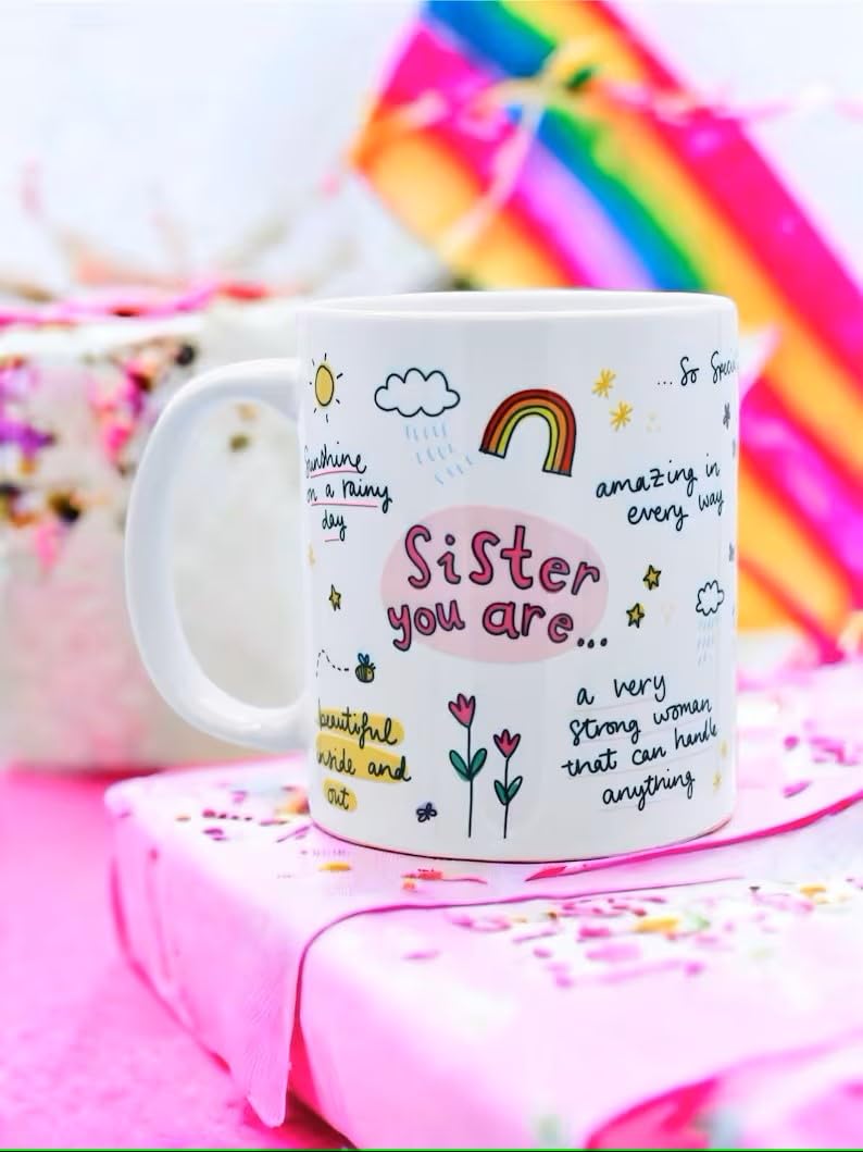 DAYS Sister You are Mug Sister Ceramic Coffee Mug with Inspirational Design, Rainbow and Floral Pattern, White Rakhi Gift for Sister Little Sister Cousin - Image 1