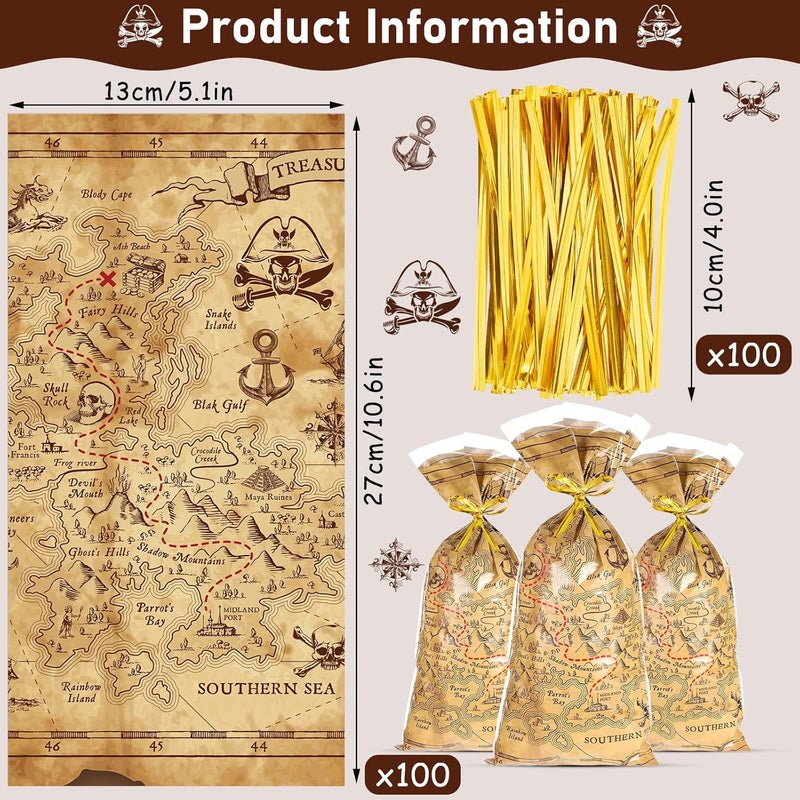 Epakh Pirate Party Cello Bags Pirate Treat Bags Goodie Treasure Map Island Treat Bags for Halloween Pirate Party Favors Supplies with Gold Twist Ties100 Pieces - Image 2