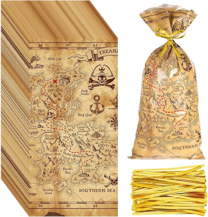 Epakh Pirate Party Cello Bags Pirate Treat Bags Goodie Treasure Map Island Treat Bags for Halloween Pirate Party Favors Supplies with Gold Twist Ties100 Pieces - Image 1