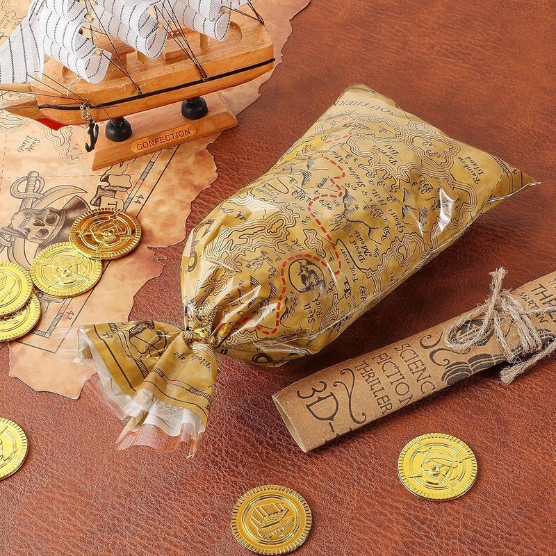 Epakh Pirate Party Cello Bags Pirate Treat Bags Goodie Treasure Map Island Treat Bags for Halloween Pirate Party Favors Supplies with Gold Twist Ties100 Pieces - Image 4