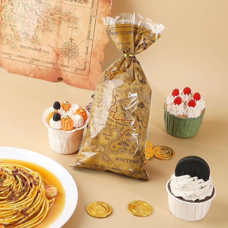 Epakh Pirate Party Cello Bags Pirate Treat Bags Goodie Treasure Map Island Treat Bags for Halloween Pirate Party Favors Supplies with Gold Twist Ties100 Pieces - Image 3