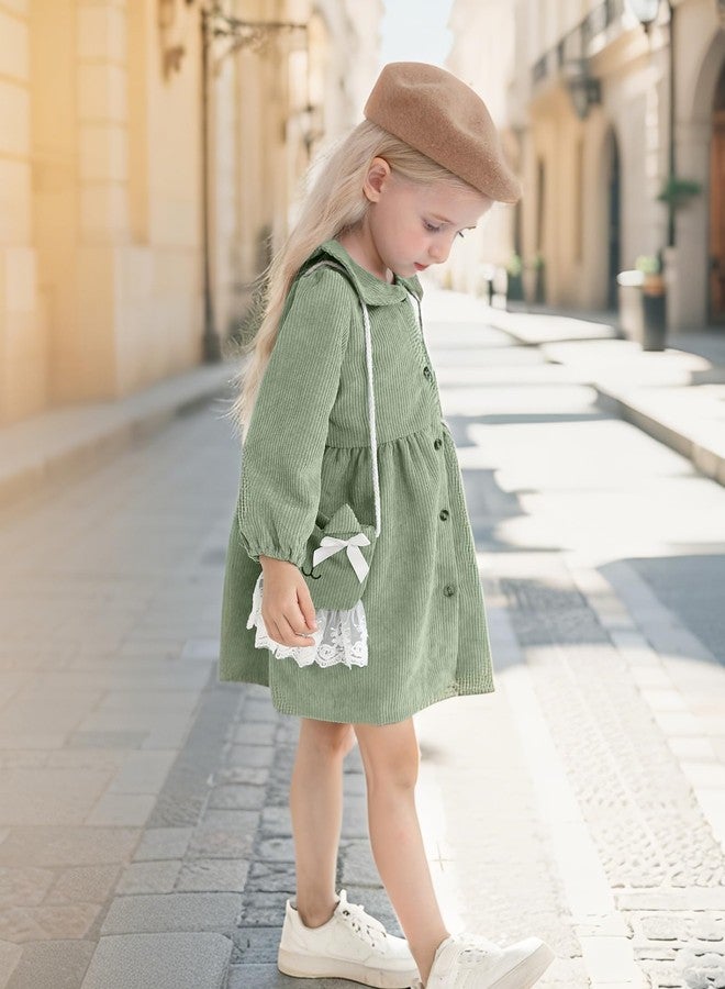 Mioglrie Toddler Girl Fall Dress Baby Girl Winter Clothes 18 24 Months Green Fall Winter Outfit Corduroy Long Sleeve Cute Dresses for Girls with Satchel - Image 4