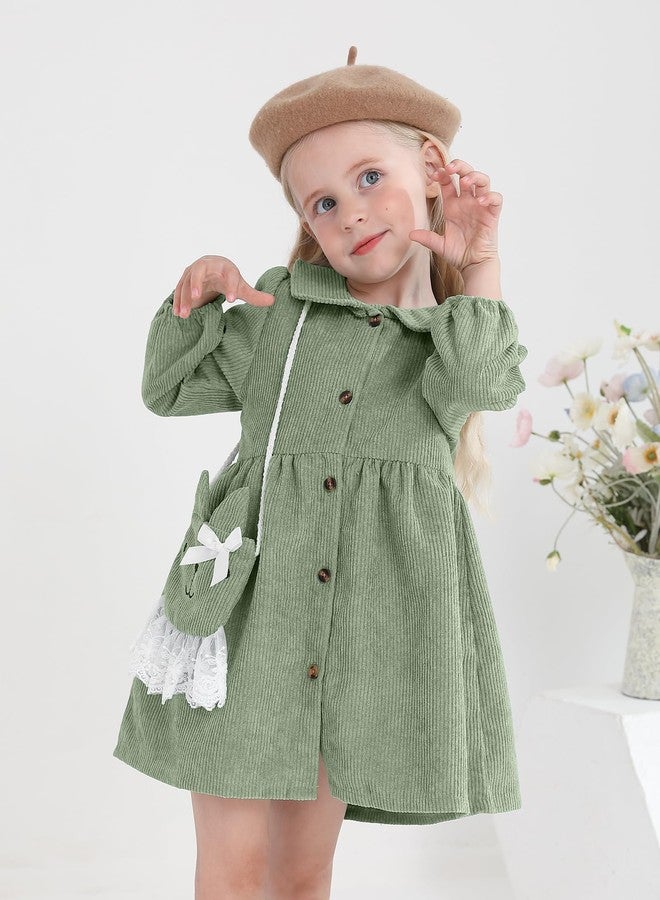 Mioglrie Toddler Girl Fall Dress Baby Girl Winter Clothes 18 24 Months Green Fall Winter Outfit Corduroy Long Sleeve Cute Dresses for Girls with Satchel - Image 2