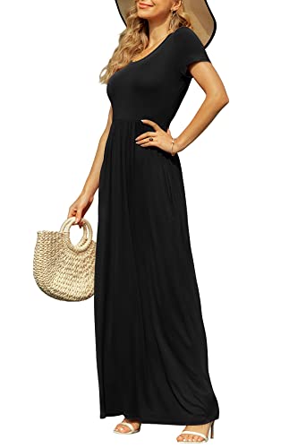 DB MOON Womens Maxi Dresses Casual Short Sleeve & Pockets Empire Waist Long Dress for Beach Party M, Black - Image 2