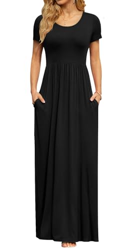 DB MOON Womens Maxi Dresses Casual Short Sleeve & Pockets Empire Waist Long Dress for Beach Party M, Black - Image 1