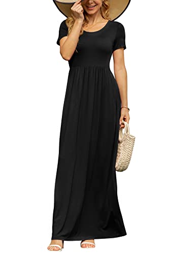 DB MOON Womens Maxi Dresses Casual Short Sleeve & Pockets Empire Waist Long Dress for Beach Party M, Black - Image 4