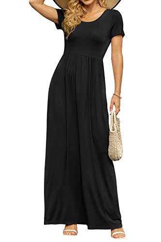 DB MOON Womens Maxi Dresses Casual Short Sleeve & Pockets Empire Waist Long Dress for Beach Party M, Black - Image 3