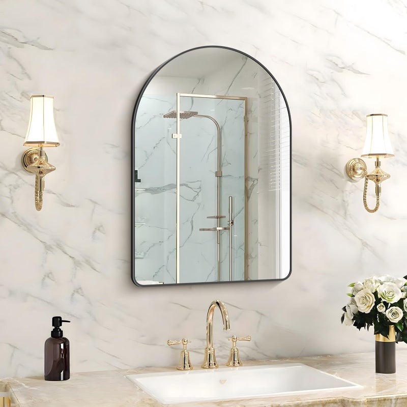 FORBATH Arched Bathroom Mirror 16x24 Inch, Black Bathroom Mirror Wall Mounted Modern Aluminum Alloy Frame Arch Mirror for Bedroom Living Room Entryway, Hanging or Leaning Against Wall - Image 1