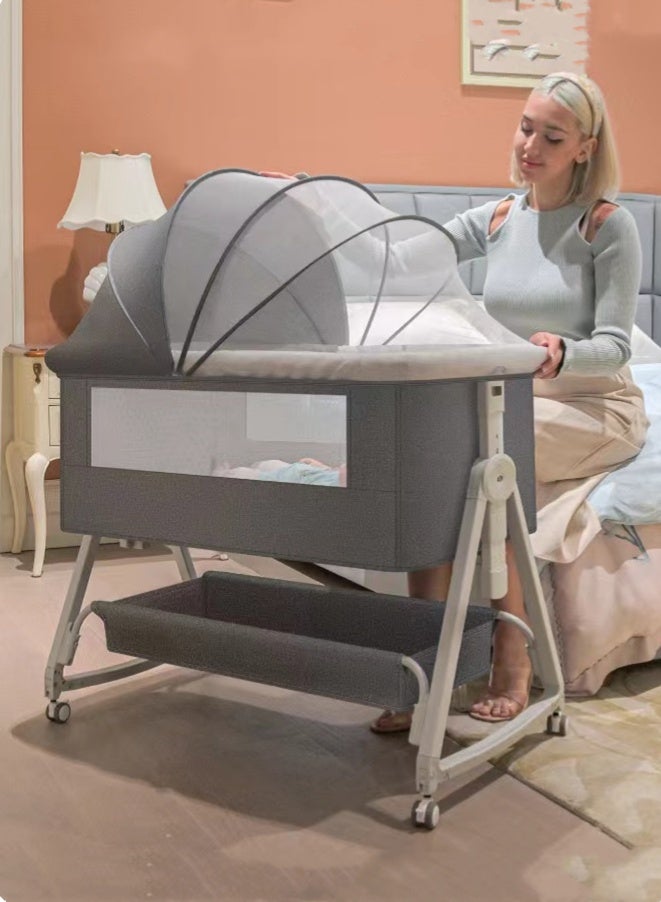 كوتيس سرير أطفال قابل للطي سهل الحمل، سرير سفر للأطفال، ارتفاع قابل للتعديل مع مرتبة وطاولة حفاضات وناموسية، رمادي 90×55×81 سم - Image 1