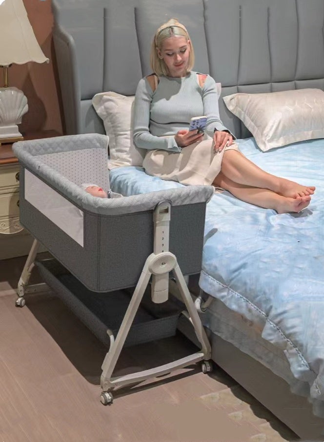 كوتيس سرير أطفال قابل للطي سهل الحمل، سرير سفر للأطفال، ارتفاع قابل للتعديل مع مرتبة وطاولة حفاضات وناموسية، رمادي 90×55×81 سم - Image 3