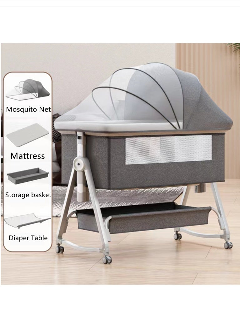 كوتيس سرير أطفال قابل للطي سهل الحمل، سرير سفر للأطفال، ارتفاع قابل للتعديل مع مرتبة وطاولة حفاضات وناموسية، رمادي 90×55×81 سم - Image 4