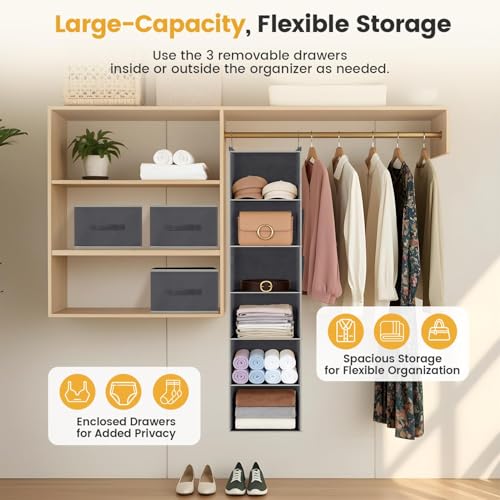 Kukikan Hanging Closet Organizer 6-Shelf with 3 Drawers & Side Pockets, Closet Organizers and Storage for Dorm, Nursery & Wardrobe Organization, Hanging Shelf Clothes Organizer for Sweaters, Shoes, Gray - Image 5
