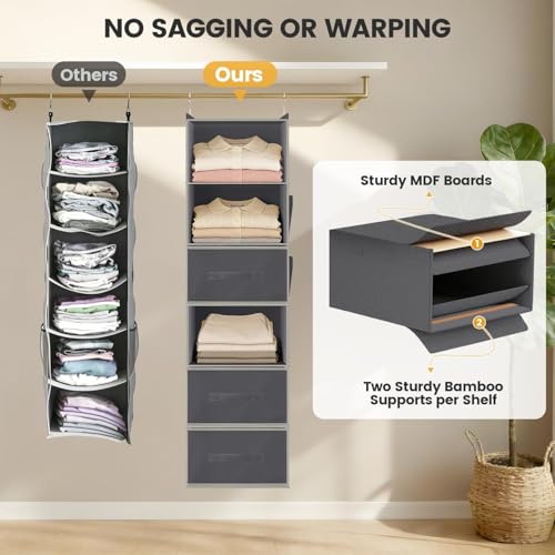 Kukikan Hanging Closet Organizer 6-Shelf with 3 Drawers & Side Pockets, Closet Organizers and Storage for Dorm, Nursery & Wardrobe Organization, Hanging Shelf Clothes Organizer for Sweaters, Shoes, Gray - Image 4