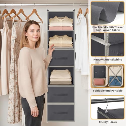 Kukikan Hanging Closet Organizer 6-Shelf with 3 Drawers & Side Pockets, Closet Organizers and Storage for Dorm, Nursery & Wardrobe Organization, Hanging Shelf Clothes Organizer for Sweaters, Shoes, Gray - Image 2