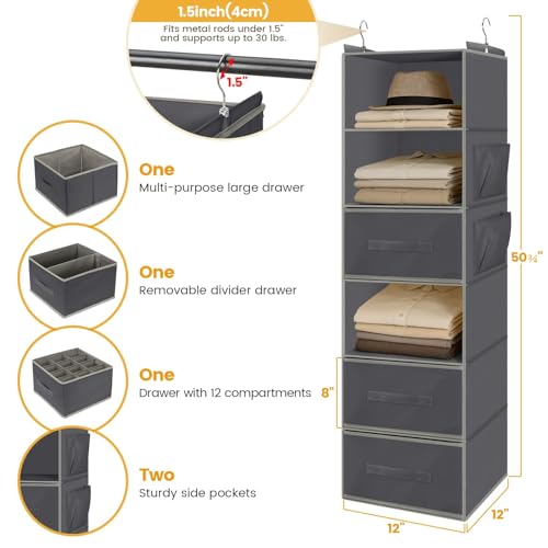 Kukikan Hanging Closet Organizer 6-Shelf with 3 Drawers & Side Pockets, Closet Organizers and Storage for Dorm, Nursery & Wardrobe Organization, Hanging Shelf Clothes Organizer for Sweaters, Shoes, Gray - Image 3