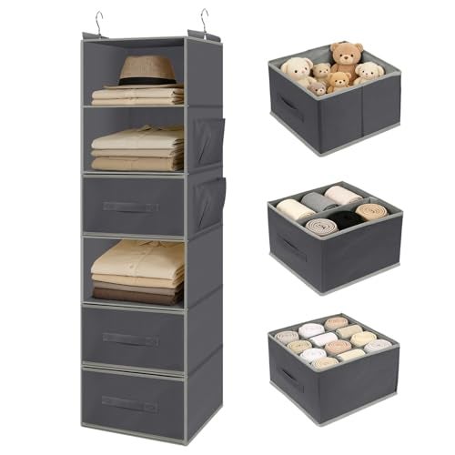 Kukikan Hanging Closet Organizer 6-Shelf with 3 Drawers & Side Pockets, Closet Organizers and Storage for Dorm, Nursery & Wardrobe Organization, Hanging Shelf Clothes Organizer for Sweaters, Shoes, Gray - Image 1