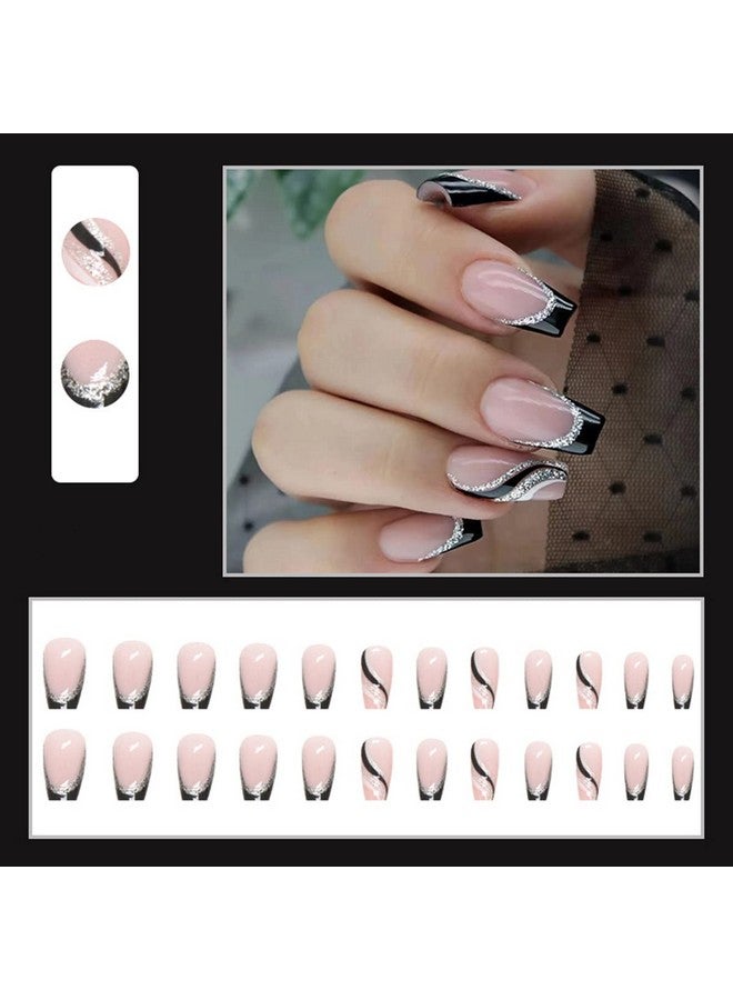 LRKNNO Black French Tip Press On Nails Medium Length Square Fake Nails With Silver Glitter Line Designs Glossy Coffin Nails Full Cover Nail Tips Glue On Nails Artificial Acrylic False Nails For Women 24Pcs - Image 2