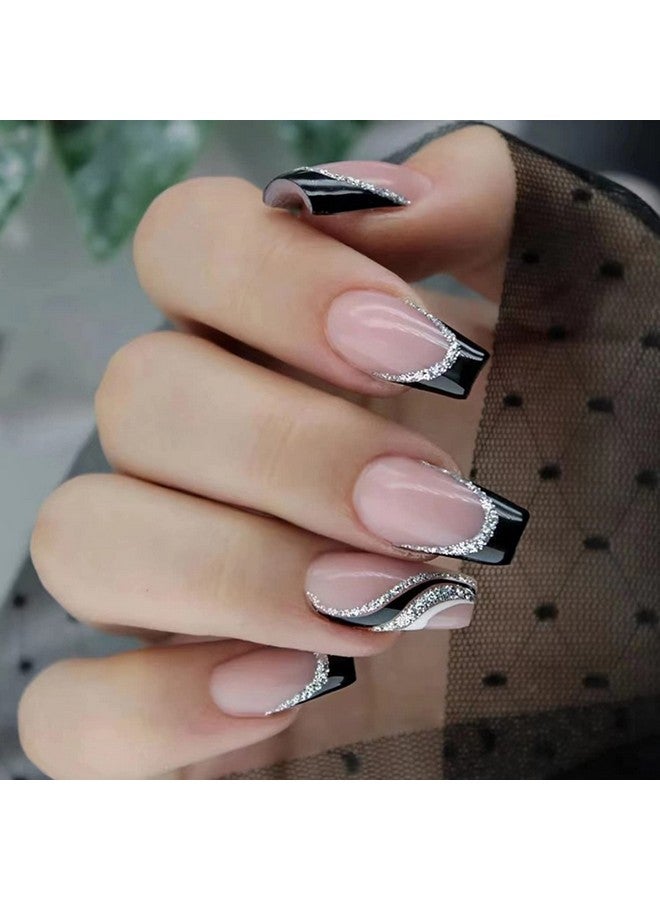 LRKNNO Black French Tip Press On Nails Medium Length Square Fake Nails With Silver Glitter Line Designs Glossy Coffin Nails Full Cover Nail Tips Glue On Nails Artificial Acrylic False Nails For Women 24Pcs - Image 1