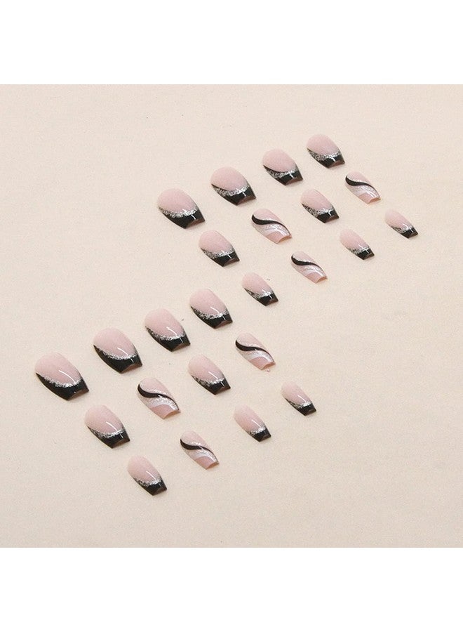 LRKNNO Black French Tip Press On Nails Medium Length Square Fake Nails With Silver Glitter Line Designs Glossy Coffin Nails Full Cover Nail Tips Glue On Nails Artificial Acrylic False Nails For Women 24Pcs - Image 5