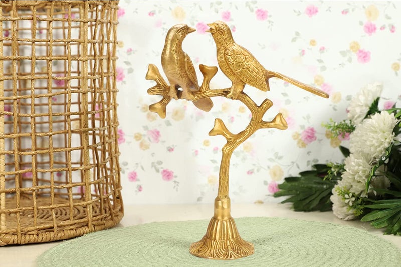 Kartique Brass Love Birds Sitting On Tree's Branch Couple Statue Decorative Bird Pair Height 10'' (Gold) - Image 1