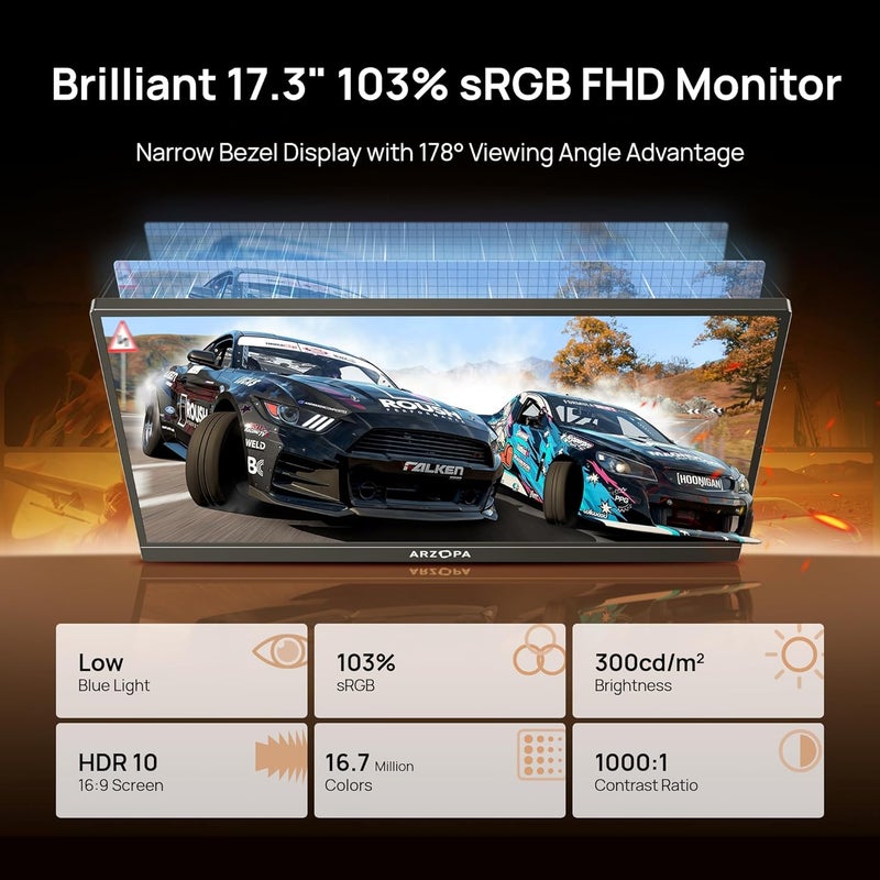 ARZOPA Portable Monitor 17.3 Inch, 1080P FHD HDR IPS Kickstand Laptop Computer Monitor HDMI USB C External Screen for PC Mac Phone Xbox Switch PS5 -A1M - Image 2