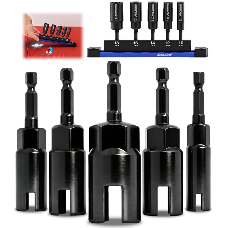 SEDY 5-Piece Wing Nut Driver Set (10mm,12mm,14mm,16mm,18mm) with Magnetic Aluminum Storage Rail, 1/4" Hex Shank Wing Nut Driver Bit Set, Metric Wing Nut socket Set for Wing Nut, Eye Bolt, Wire Twisting - Image 1