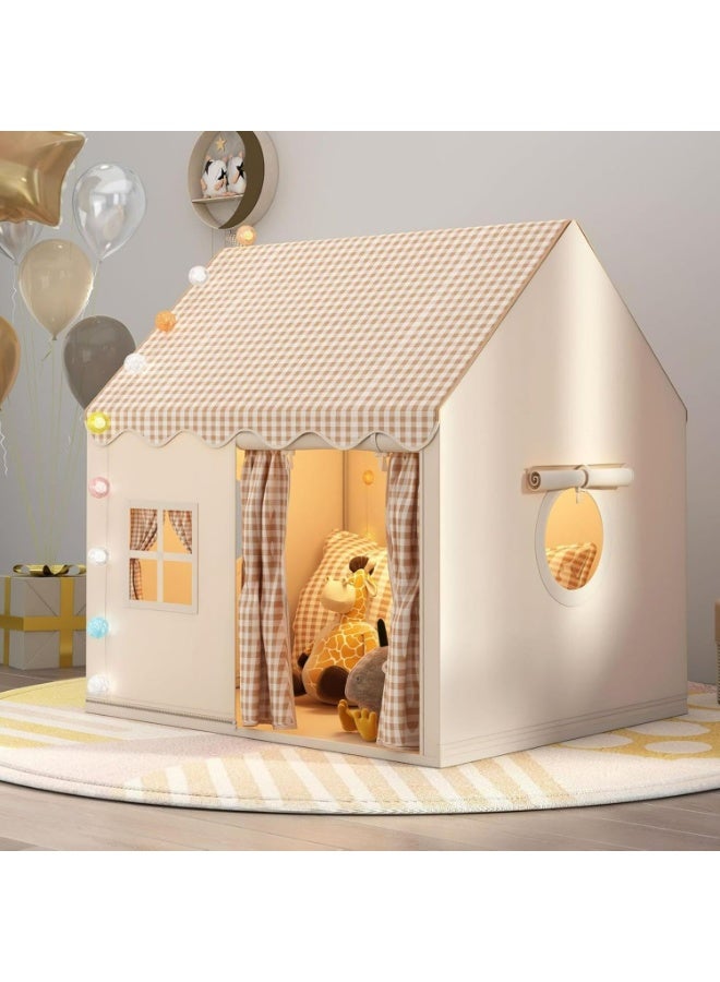 Large Kids Play Tent Indoor Playhouse with Checkered Roof, Premium Cotton Canvas Teepee for Boys & Girls, Portable Playroom Castle, 128x105x120cm - Image 5