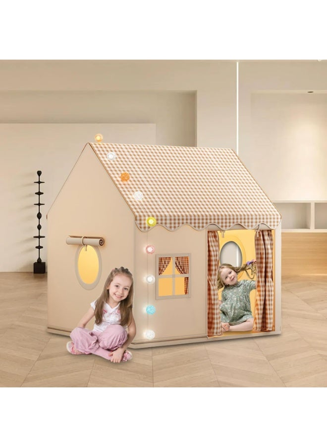 Large Kids Play Tent Indoor Playhouse with Checkered Roof, Premium Cotton Canvas Teepee for Boys & Girls, Portable Playroom Castle, 128x105x120cm - Image 2