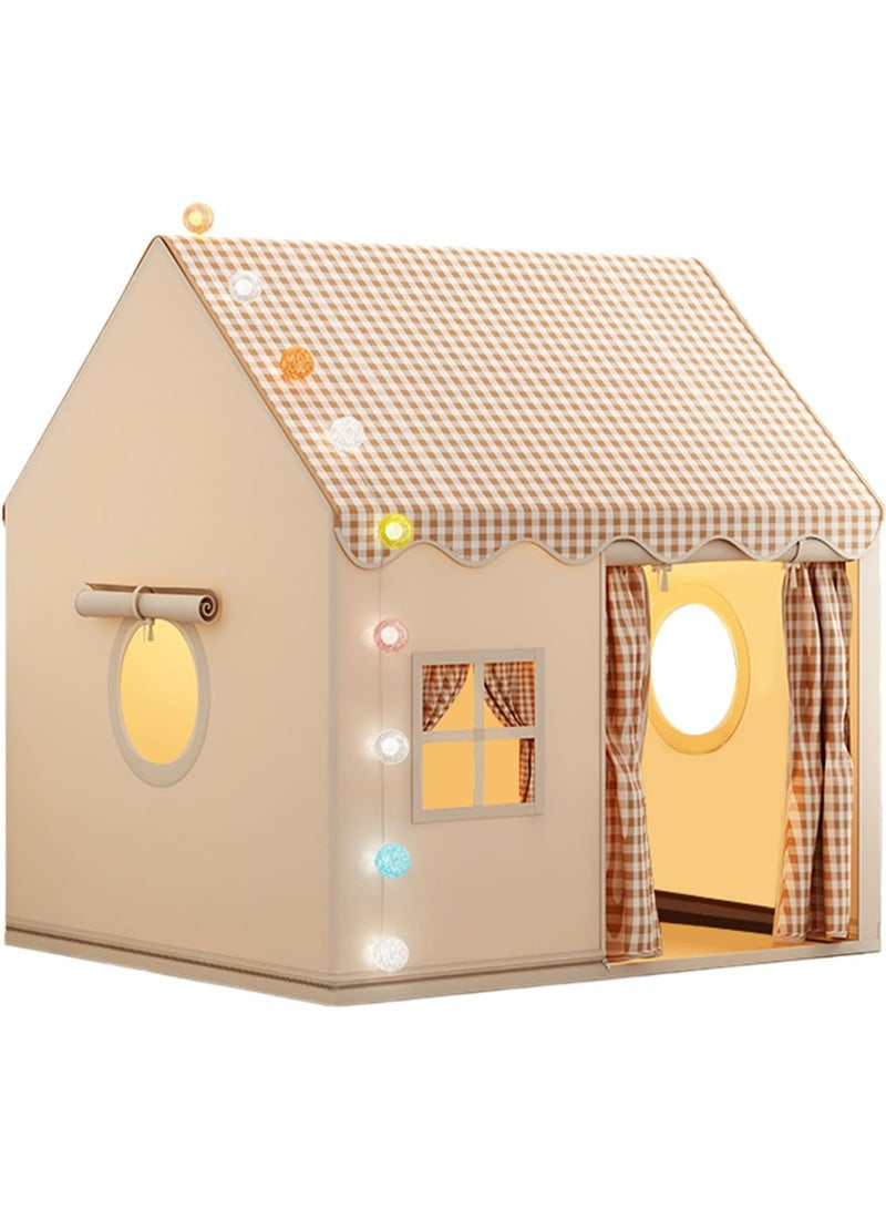 Large Kids Play Tent Indoor Playhouse with Checkered Roof, Premium Cotton Canvas Teepee for Boys & Girls, Portable Playroom Castle, 128x105x120cm - Image 1