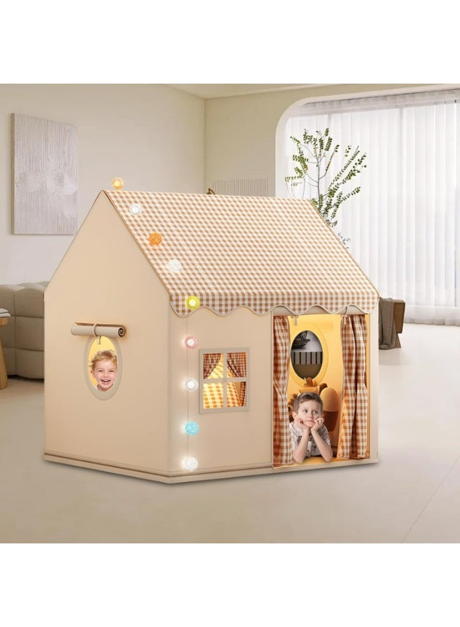 Large Kids Play Tent Indoor Playhouse with Checkered Roof, Premium Cotton Canvas Teepee for Boys & Girls, Portable Playroom Castle, 128x105x120cm - Image 3