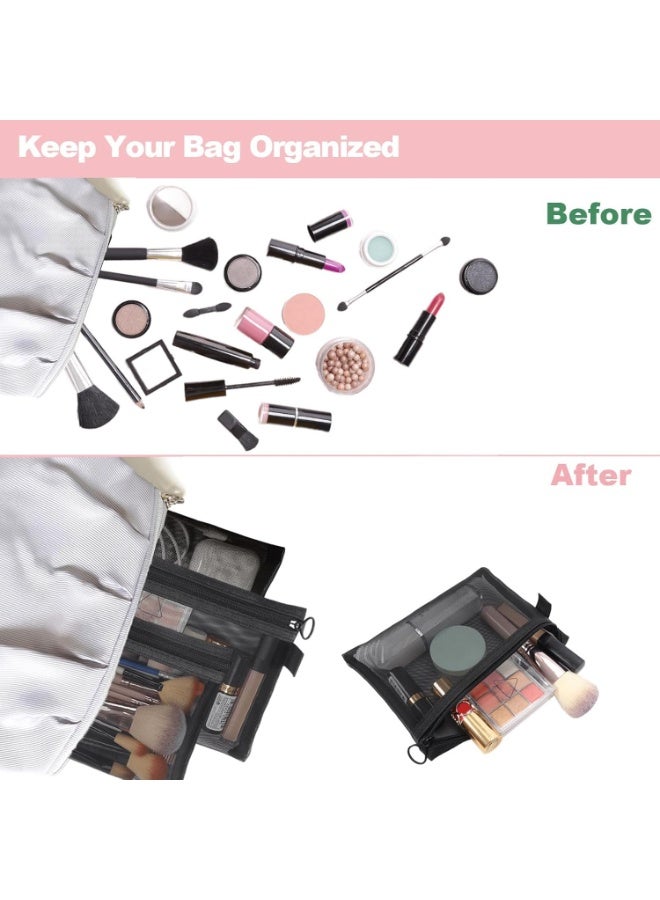 4Pcs Mesh Makeup Bags, Cosmetic Small Pouch Bags with Zipper, Bag Organiser Pouches for Cosmetics Toiletries, Travel Toiletry Kit Set Storage Case (Black) - Image 4