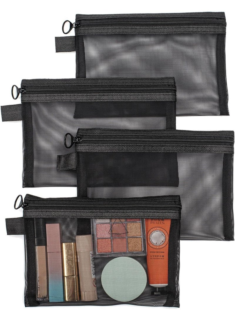 4Pcs Mesh Makeup Bags, Cosmetic Small Pouch Bags with Zipper, Bag Organiser Pouches for Cosmetics Toiletries, Travel Toiletry Kit Set Storage Case (Black) - Image 1
