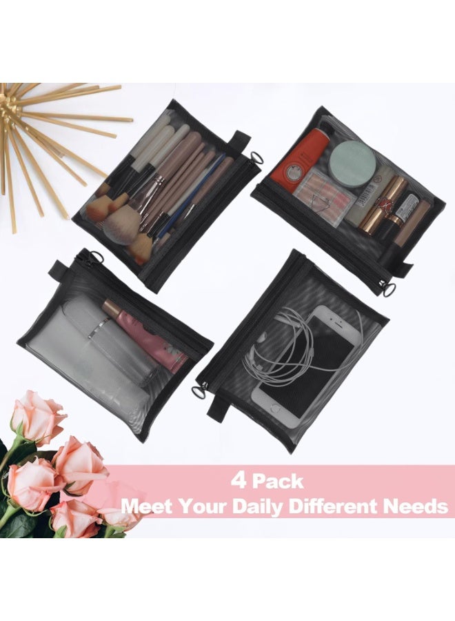 4Pcs Mesh Makeup Bags, Cosmetic Small Pouch Bags with Zipper, Bag Organiser Pouches for Cosmetics Toiletries, Travel Toiletry Kit Set Storage Case (Black) - Image 2