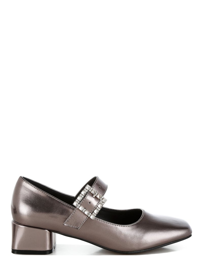 London Rag Diamante Brooch Metallic Mary Jane Pumps in Pewter  - Image 1