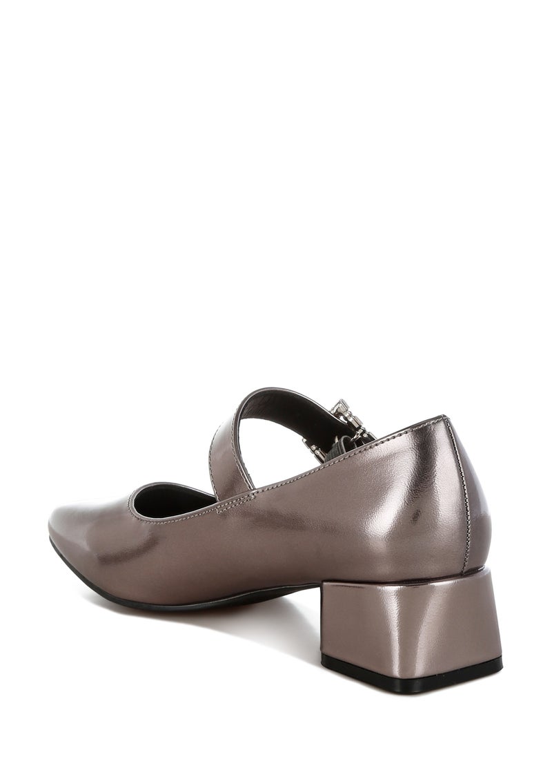 London Rag Diamante Brooch Metallic Mary Jane Pumps in Pewter  - Image 2