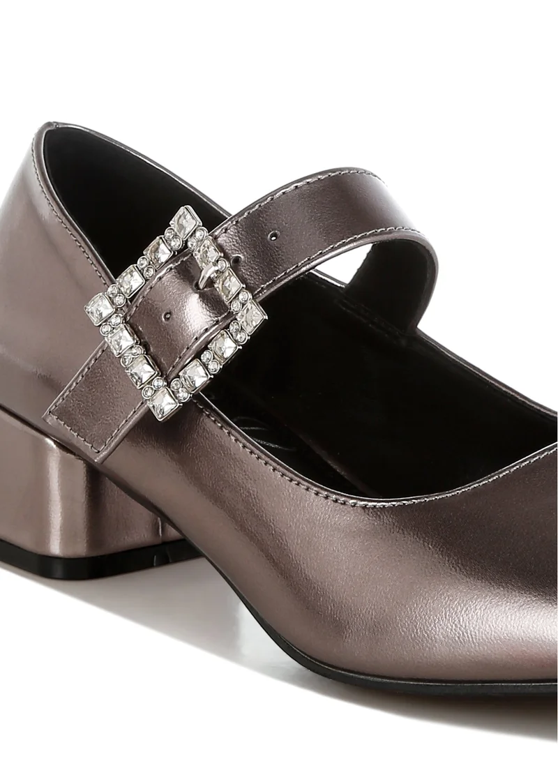 London Rag Diamante Brooch Metallic Mary Jane Pumps in Pewter