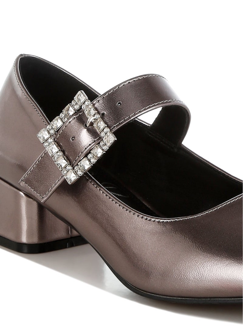 London Rag Diamante Brooch Metallic Mary Jane Pumps in Pewter  - Image 4