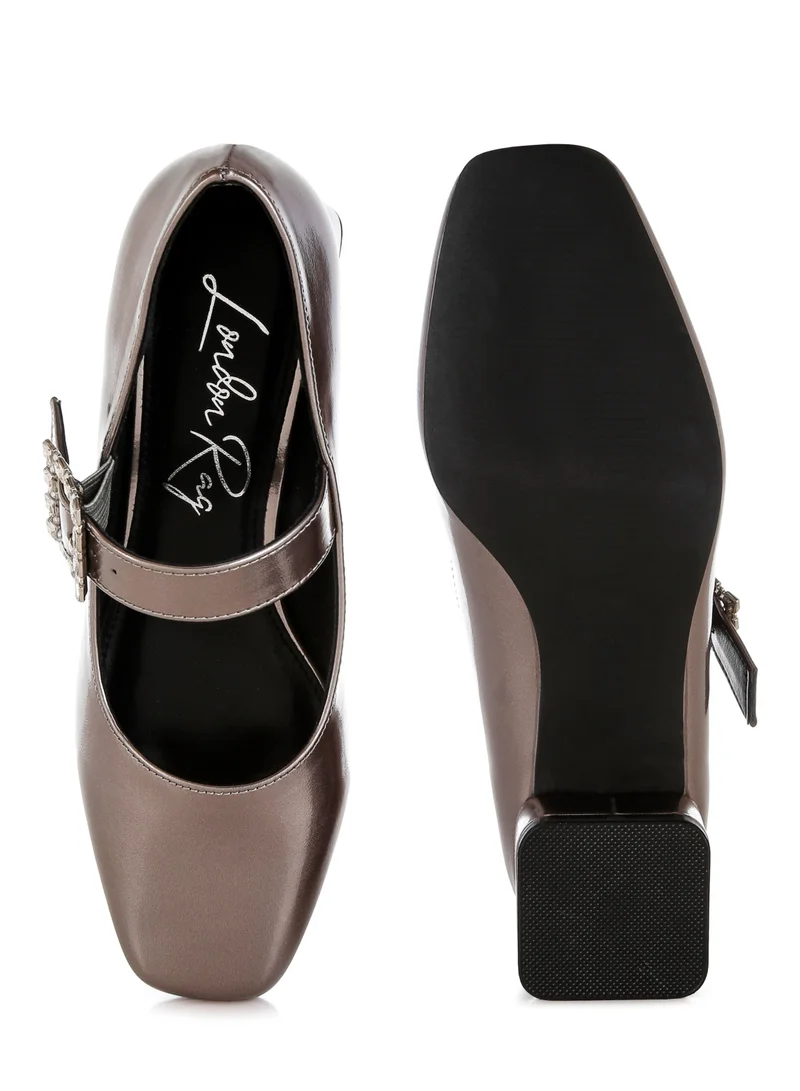 London Rag Diamante Brooch Metallic Mary Jane Pumps in Pewter