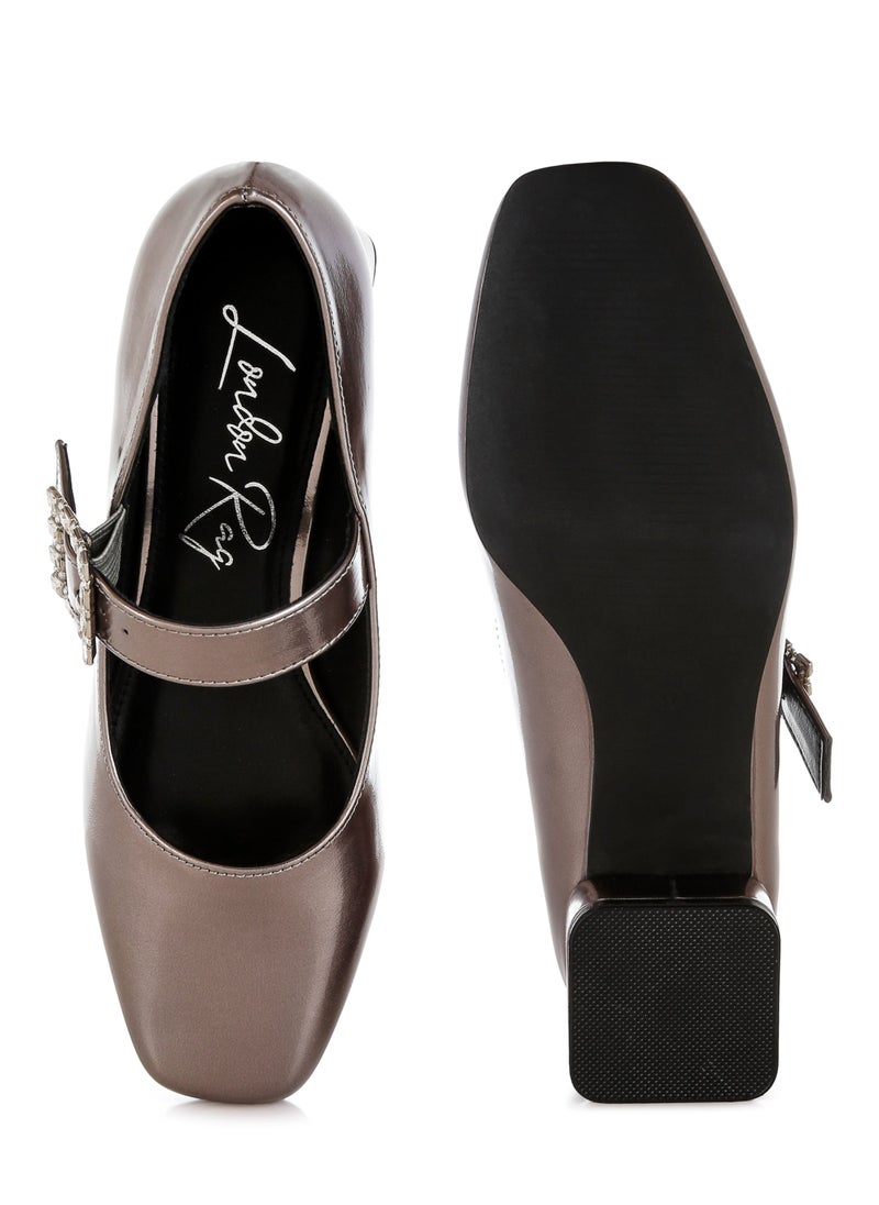 London Rag Diamante Brooch Metallic Mary Jane Pumps in Pewter  - Image 5