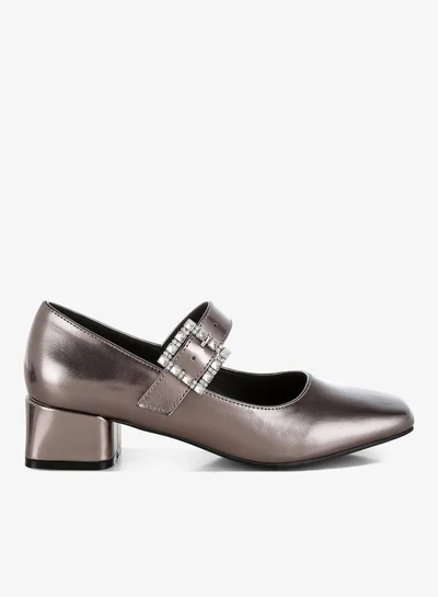 London Rag Diamante Brooch Metallic Mary Jane Pumps in Pewter