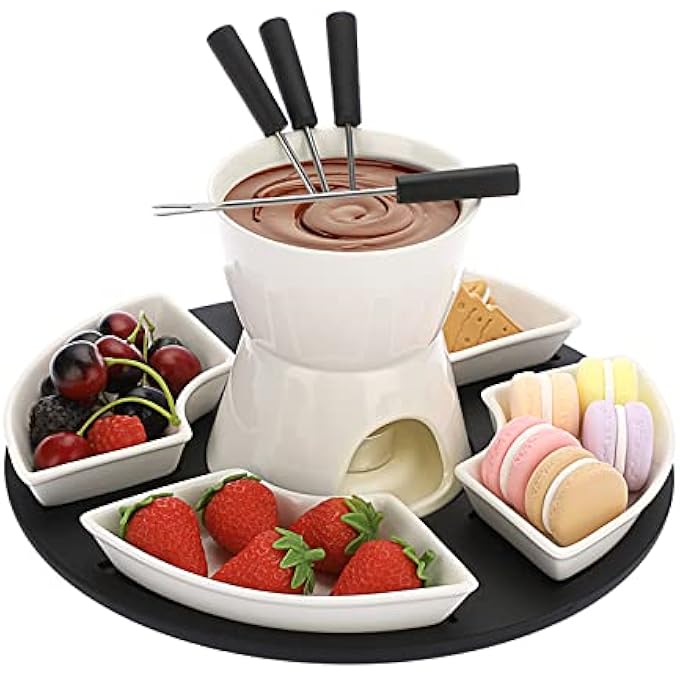 rayihni White Ceramic Chocolate Fondue Pot Set Cheese Ice Cream Warmer 300Ml Butter Fondue Set Tea Light Candle Fondue Pot With Wooden Pallet And 4 Forks And 4 Dishes - Image 2