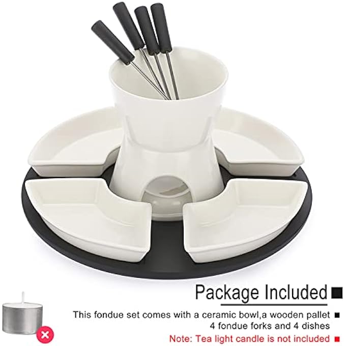 rayihni White Ceramic Chocolate Fondue Pot Set Cheese Ice Cream Warmer 300Ml Butter Fondue Set Tea Light Candle Fondue Pot With Wooden Pallet And 4 Forks And 4 Dishes - Image 5