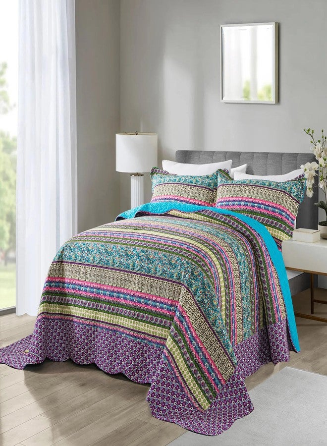 NEWLAKE Cotton Bedspread Quilt Sets - Reversible Patchwork Coverlet Set, Striped Jacquard Pattern, California King Size - Image 1
