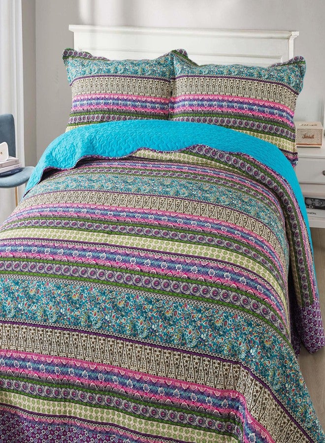 NEWLAKE Cotton Bedspread Quilt Sets - Reversible Patchwork Coverlet Set, Striped Jacquard Pattern, California King Size - Image 2