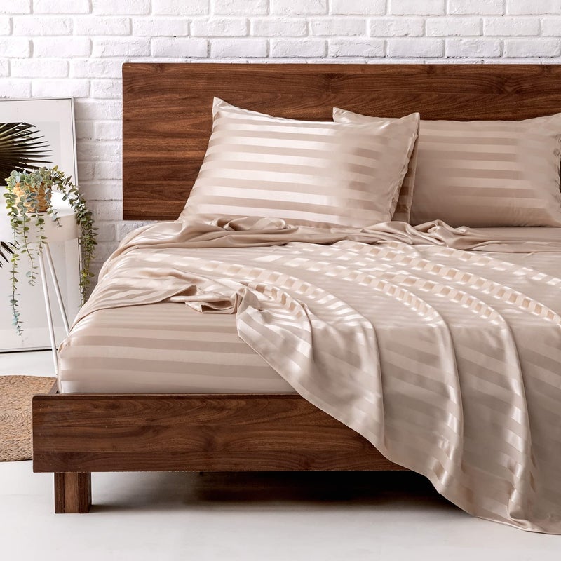 MRHM Satin Bed Sheets Queen Size Sheets Set 4 Pcs Silky Bedding Set with 15 Inches Deep Pocket for Mattress Queen Champagne Striped