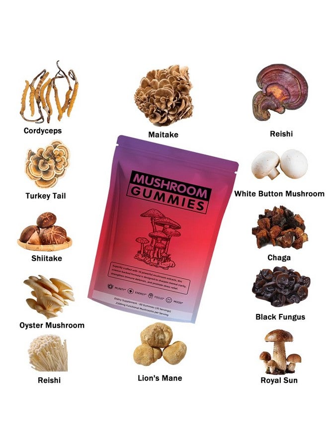 60 حبة جوميز غذائية من الفطر للبالغين، مزيج 12 في 1 من الفطر مع ليوينز مان، ذيل الديك الرومي، ريشي عضوي، كورديسيبس، دعم المناعة وزيادة الطاقة - Image 2