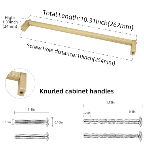 POVEFONK 6 Pack 10 inch254mm Brushed Brass Kitchen Cabinet Handles Knurled Cabinet Pulls Gold Drawer Pulls Kitchen Cabinet Hardware Handles Drawer Pulls Dresser Handles - Image 3