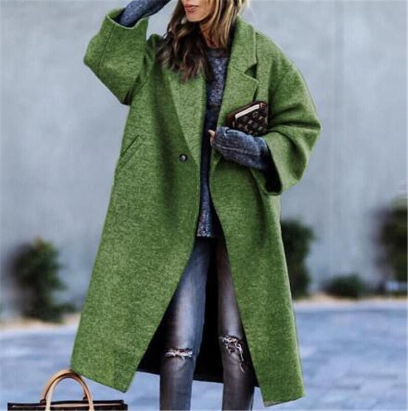 2025 New Autumn and Winter European and American Cross-Border Womens Clothing Amazon Casual Long Pure Color Warm Woolen Jacket Coat Green 